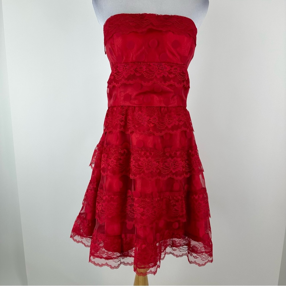 Vintage 90’s Steppin Out Red Polka Dot Lace Tiered Strapless Dress Size 14